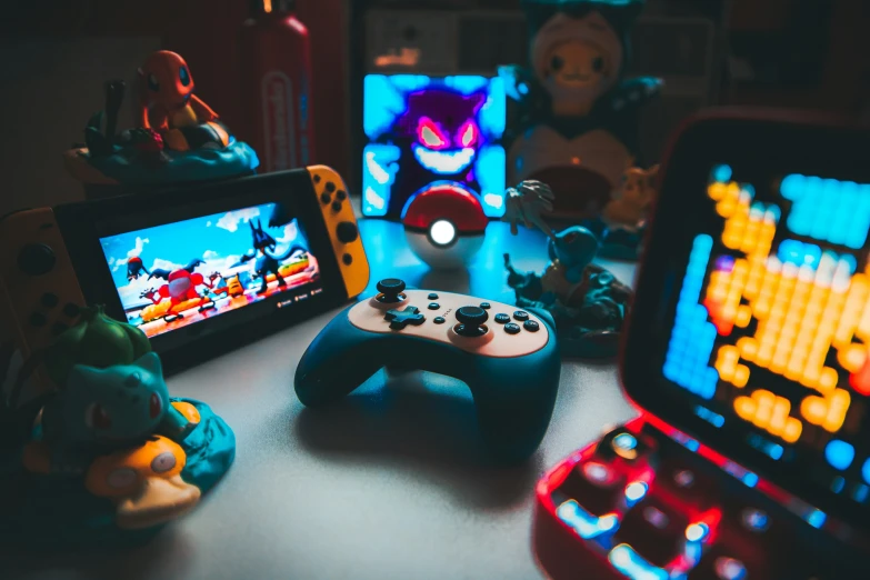 game controllers are sitting on the counter in front of a camera