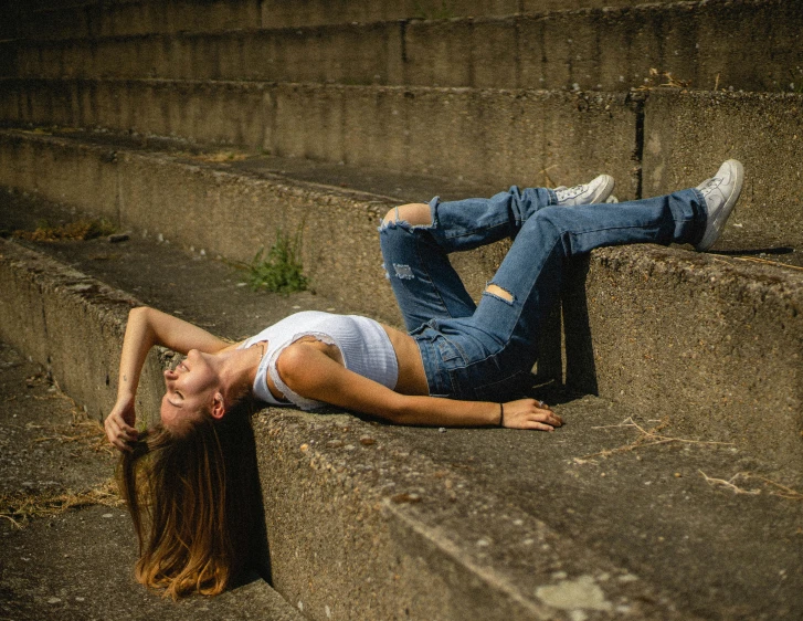 a woman falling down some steps and her shoes hanging off