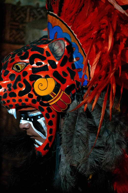 a red and black mask with leopard print