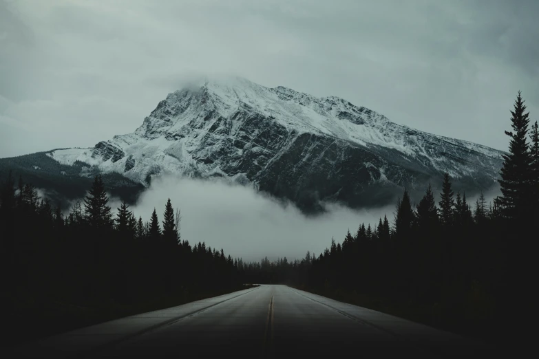 mountains covered in snow and pine trees during dusk