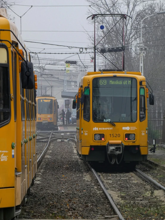 a couple of yellow buses traveling down train tracks