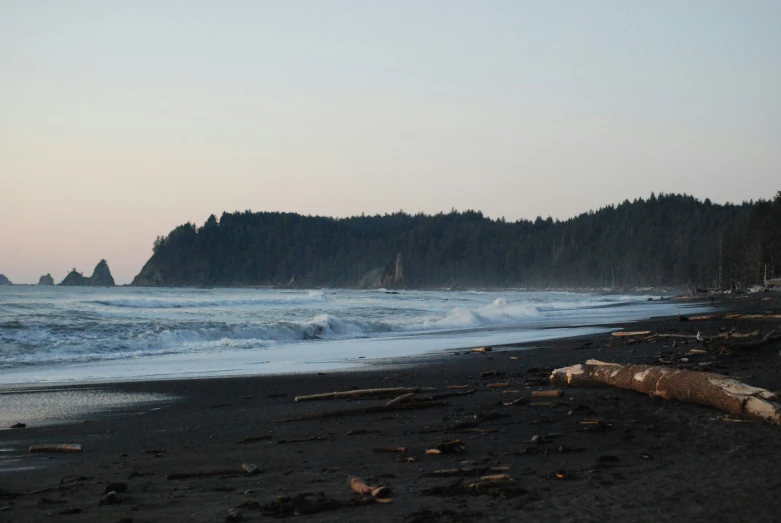 a beach with a large rock cliff in the background