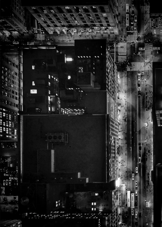 an aerial view of a city at night