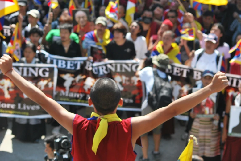 a young child standing in front of a crowd holding up flags