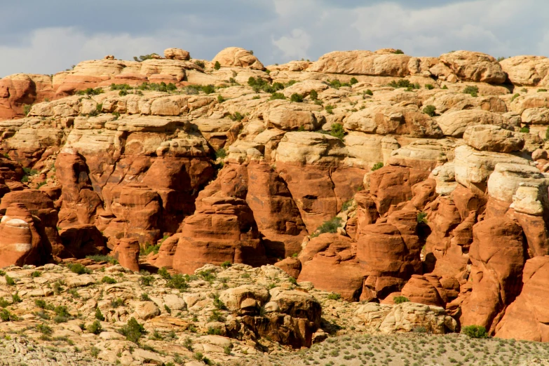 a rocky terrain with trees, grass, rocks and sky