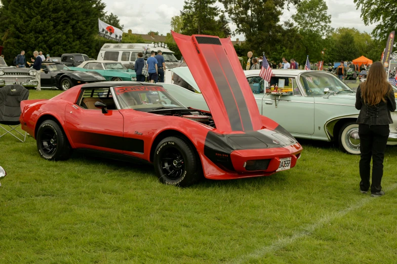 a red chevrolet car and some people in grass