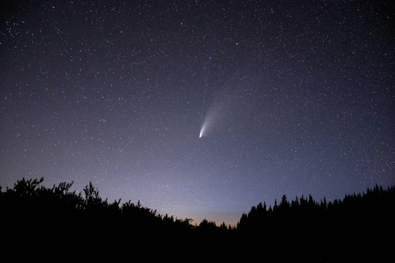 the night sky with stars and clouds above trees