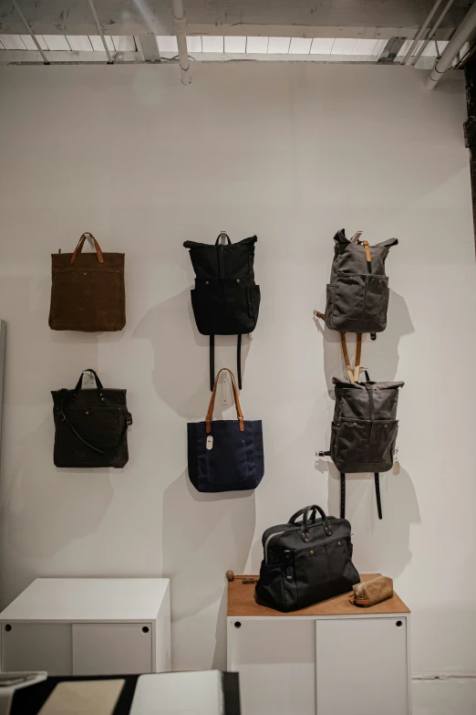 there is a large variety of handbags hanging on the wall