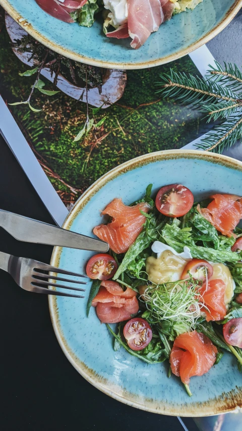 the plate is holding a salad that is both salmon and lettuce