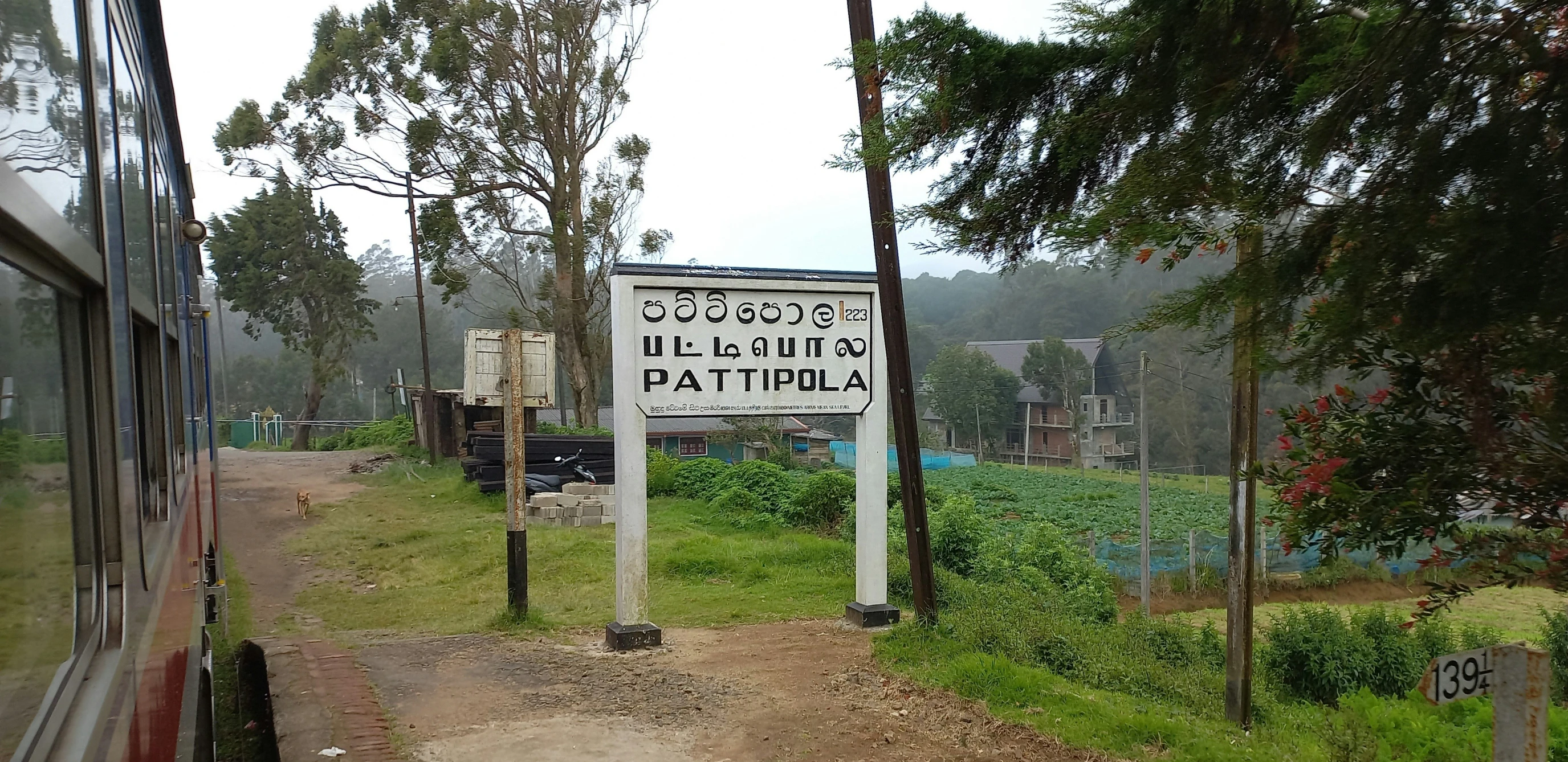 a street sign in foreign language on a rural road