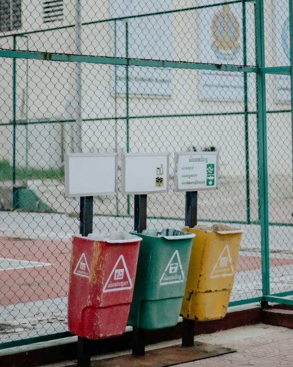 three trash cans are next to each other