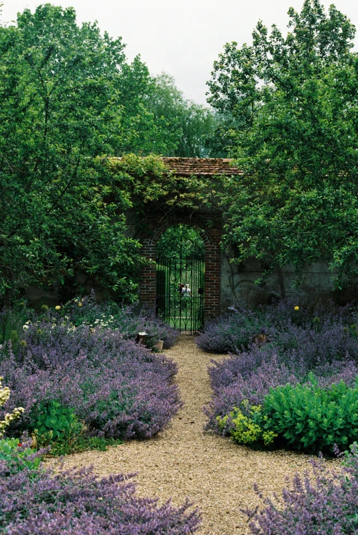 a garden scene with an archway in the middle