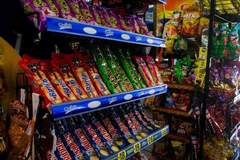 many types of candy are on shelves in a store