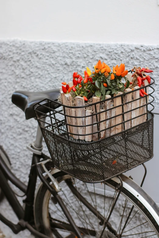 a bicycle has flowers in the basket on the back of it