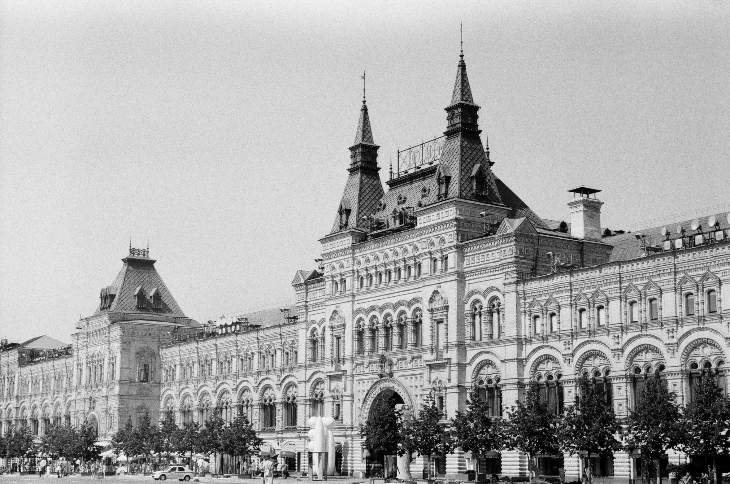 a historical pograph of a building with many steeples