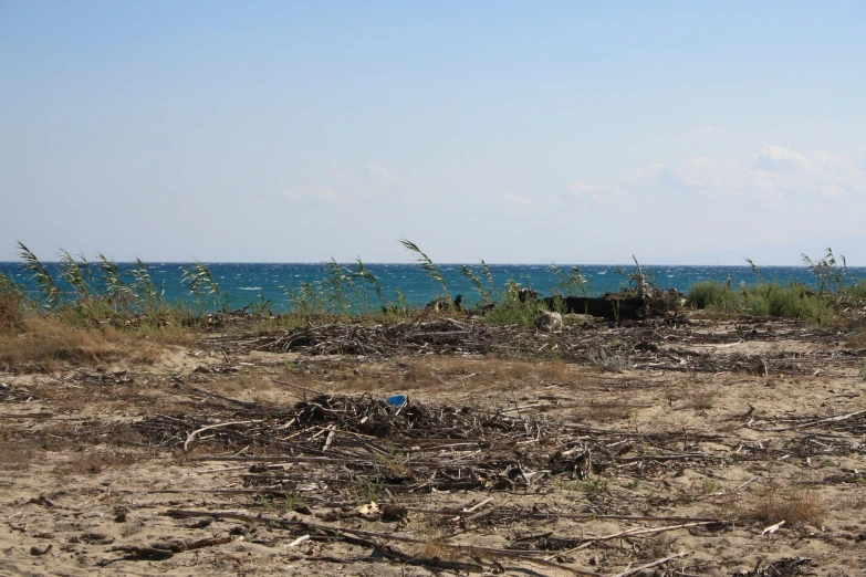 the ocean sits in the middle of the sandy ground