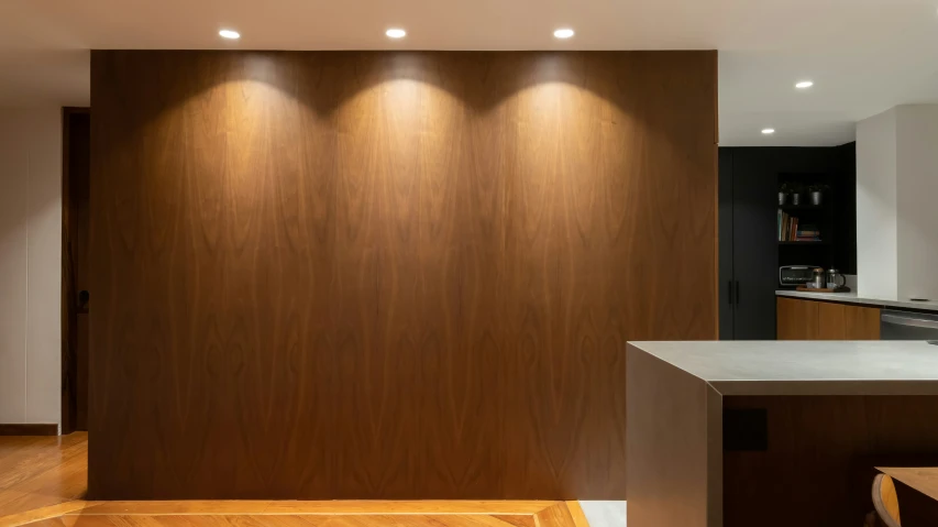 a wooden cabinet with three lights in a modern home