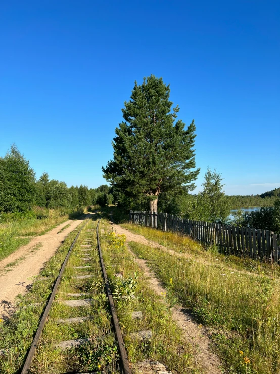 the old railroad tracks run alongside a field