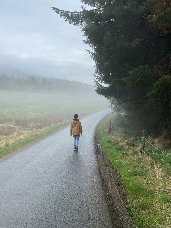 a lone person walks down a road by some trees