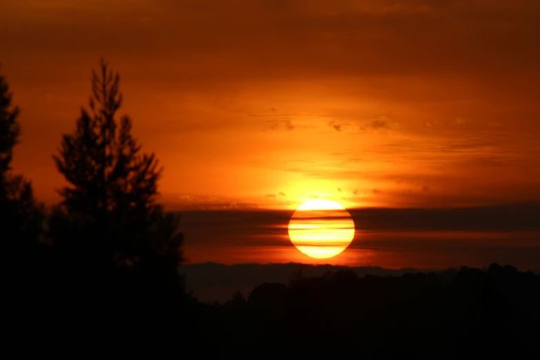 the sun sets behind a silhouette of trees and sky