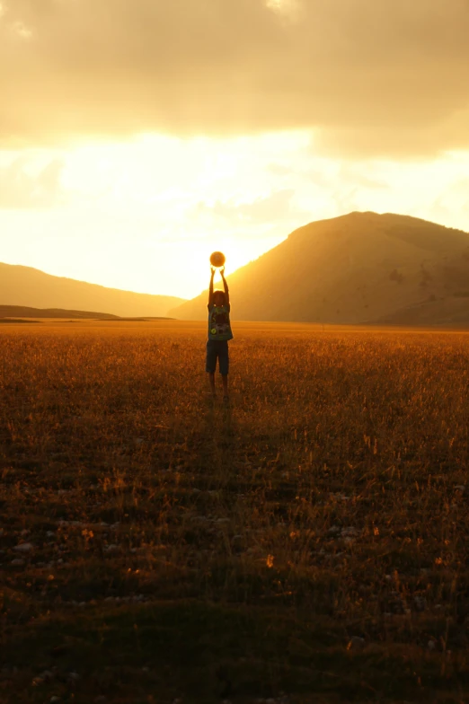 a person walking in the middle of a field with mountains behind