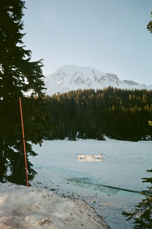 a view of a lake in the snow