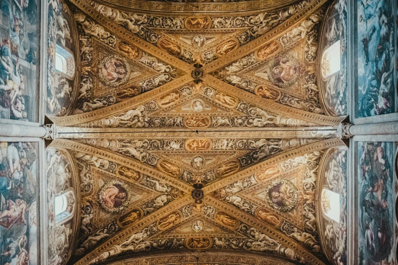 the ceiling is made up of an intricate pattern