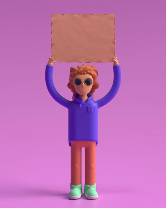 a girl wearing sunglasses holds a cardboard board on her head