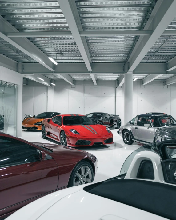 an array of cars in a parking garage