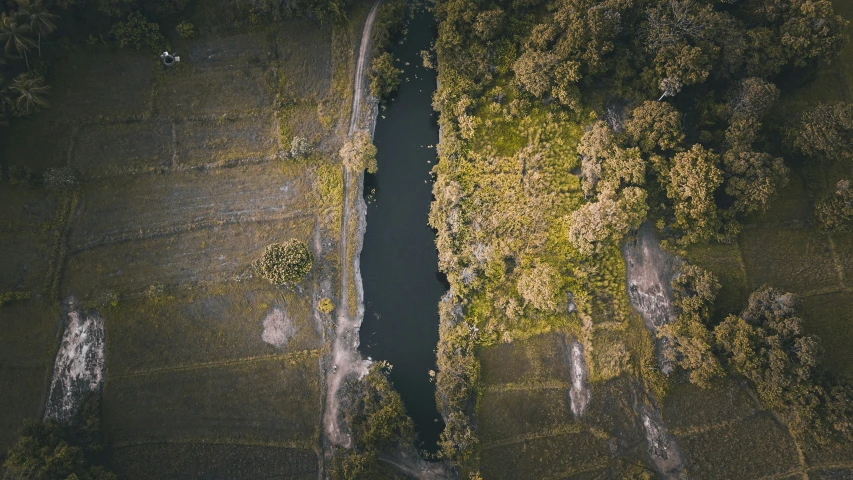 the view from above shows a winding river between two land blocks