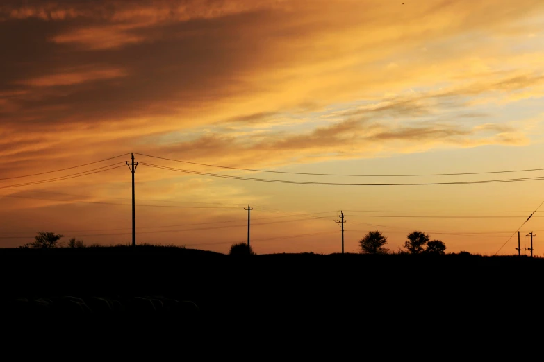 the sunset with power lines and telephone poles on the ground