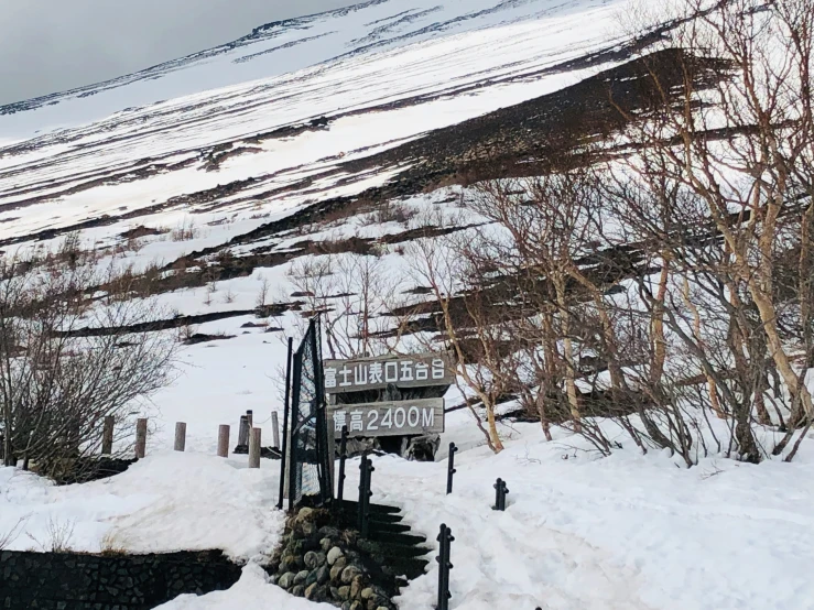 a large snowy hill has a sign on it