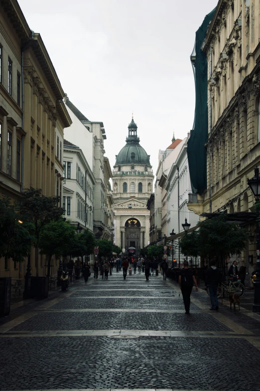 an image of people on cobblestone street going uphill