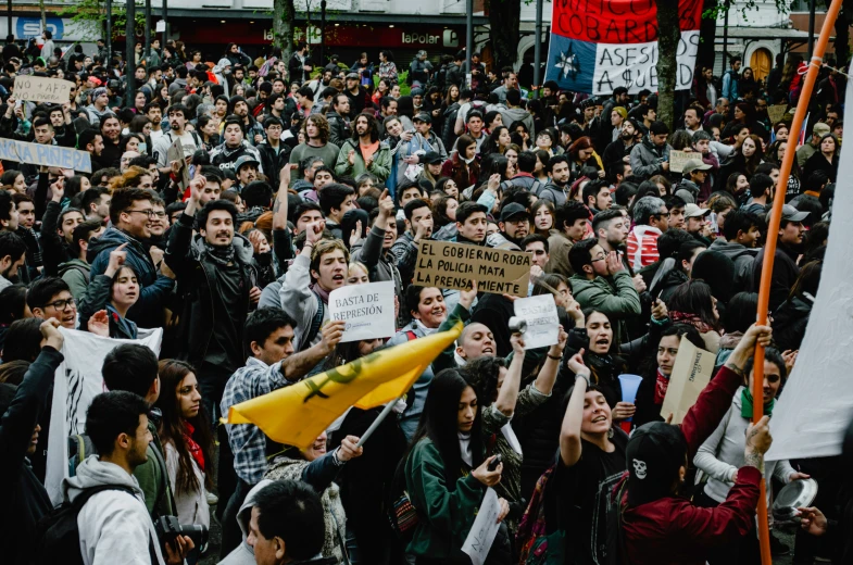 a crowd of people with signs and flags at a protest