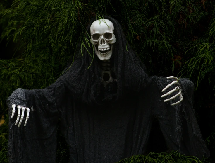 a creepy skeleton with long black hair is holding his hands up