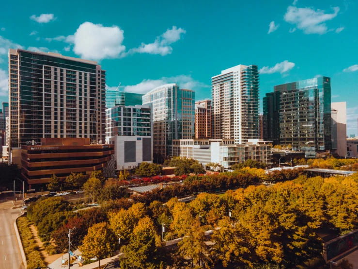 many buildings in a city that have yellow and orange trees