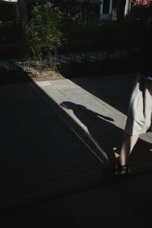 the shadow of a man and woman walking down a sidewalk