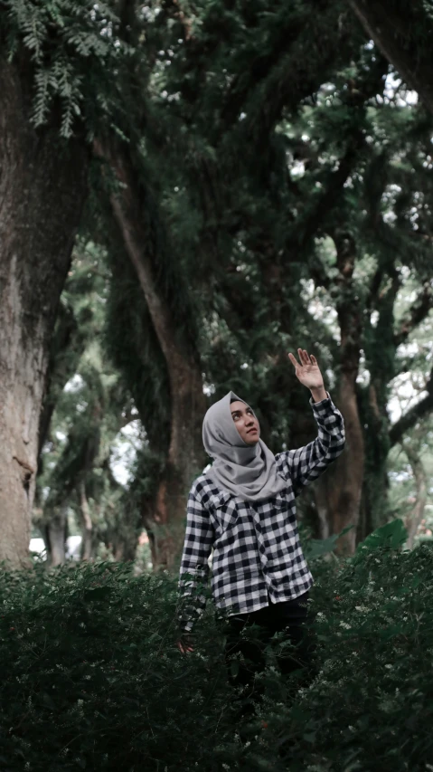 a person standing in a field near trees