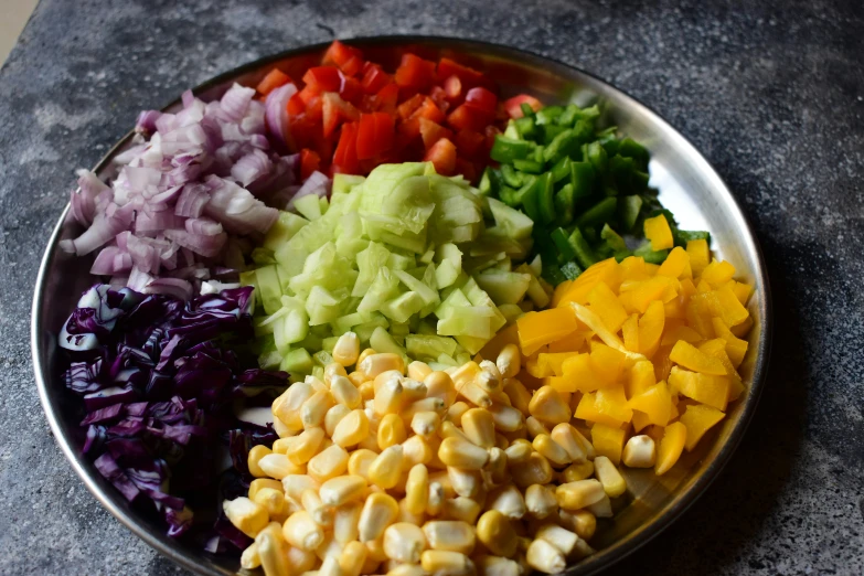 chopped vegetables arranged in rows on a plate