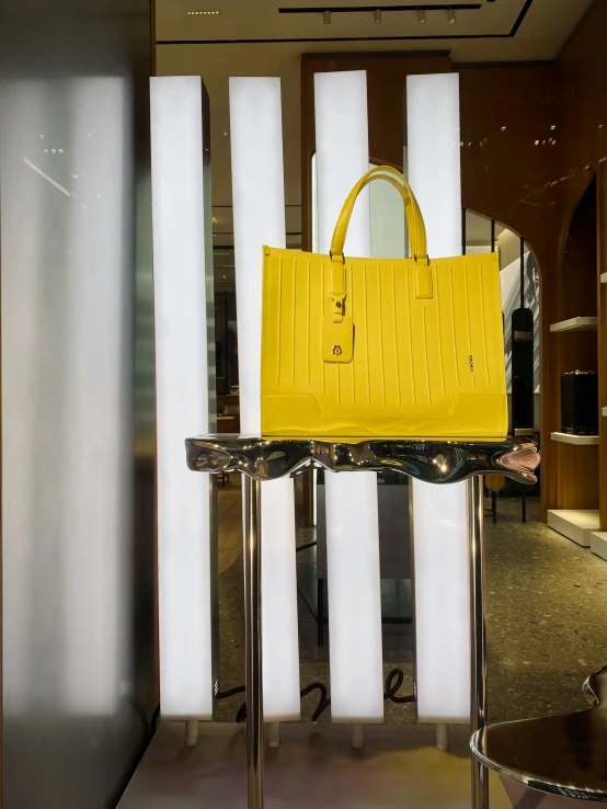 a bright yellow purse sits on top of a table