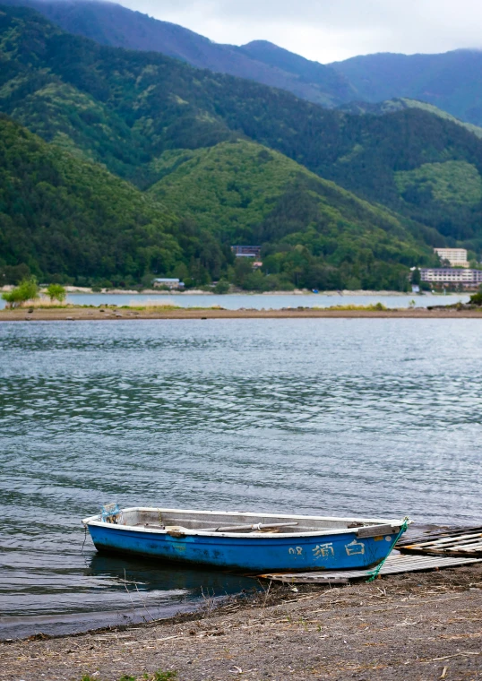 a boat is docked on the shore in a lake