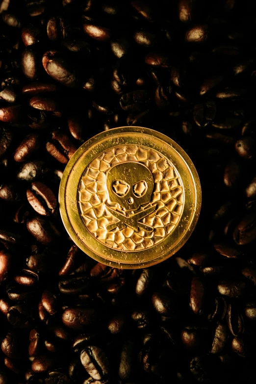 a coin sitting on top of a pile of coffee beans