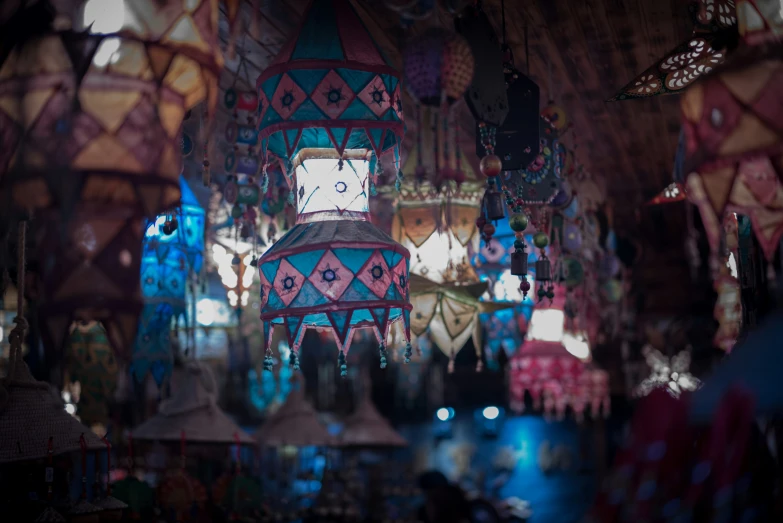 a group of lights hanging from the ceiling