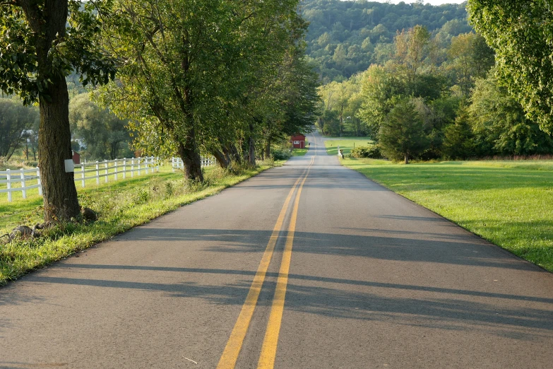 the road is lined with green trees in the background