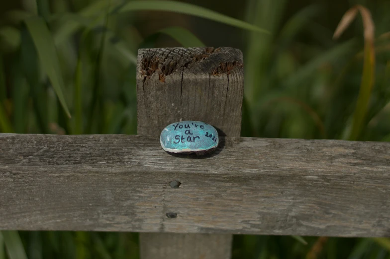a rock with the word do not sit on a wooden fence