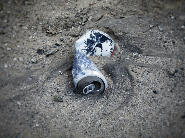 a bottle laying on the ground and a broken shoe