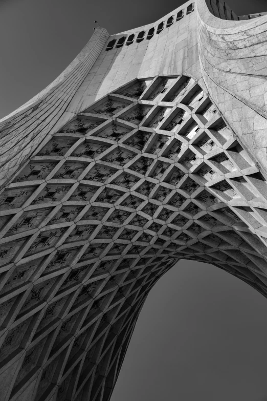 a view of the structure from below in black and white