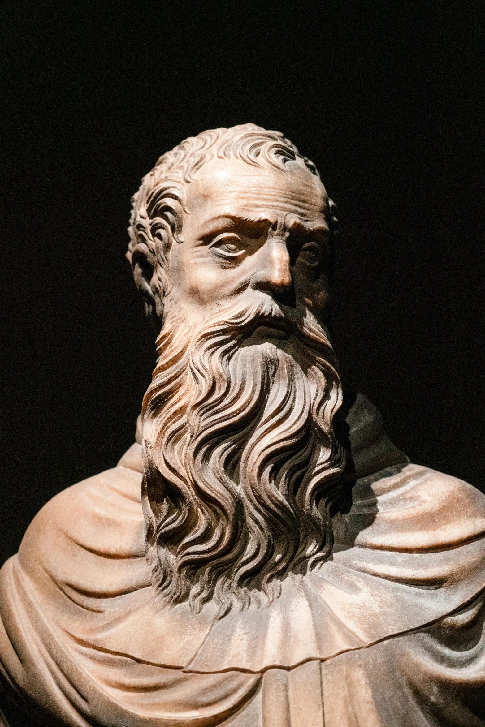 an old statue with long, wavy hair and beard