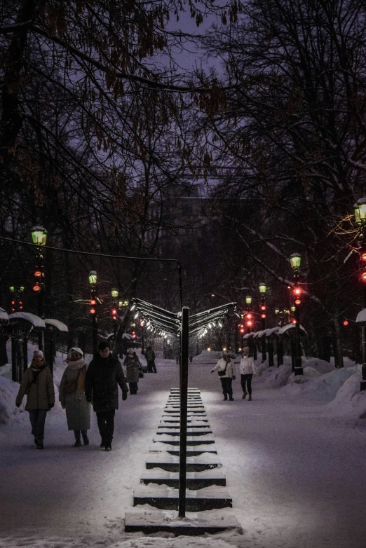 a crowd of people walking down a snow covered street
