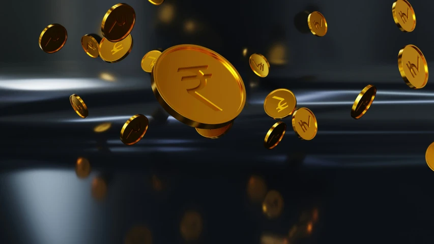 an animated golden currency symbol surrounded by gold round coins